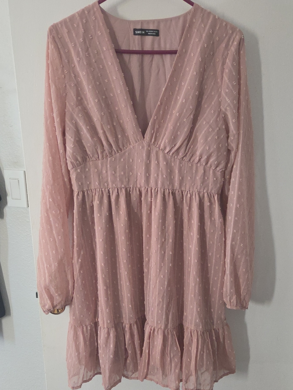 SHEIN Blush Pink Swiss Dot Long Sleeve V-Neck Tiered Dress